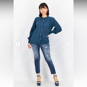 Joie Dark Teal Mandarin Collar Long Sleeves Textured Button Down Blouse XXS